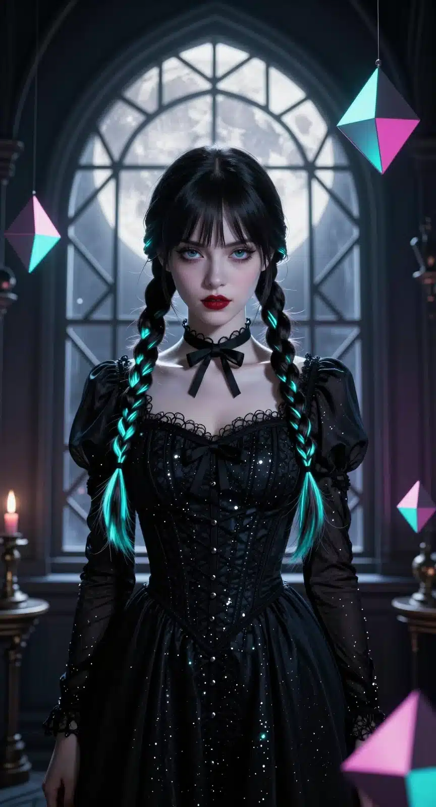 والپیپر ونزدی آدامز با طرح گوتیک و نورهای نئون آبی و صورتی در پس زمینه تاریک