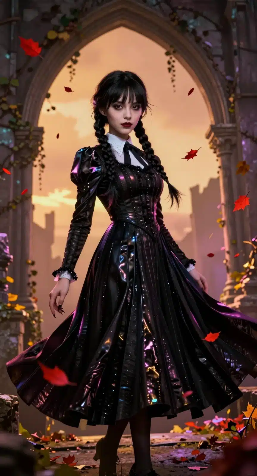 والپیپر انیمه‌ای ونزدی آدامز در پس‌زمینه‌ی گوتیک با نورپردازی سینمایی