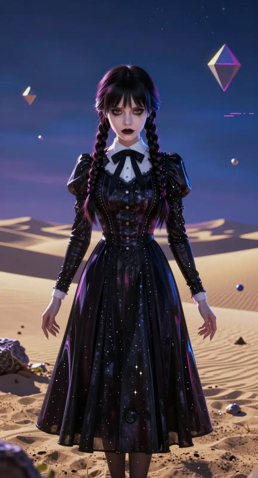 والپیپر انیمه‌ای ونزدی آدامز در بیابان سورئال با نور نئون و طرح سایبرپانک