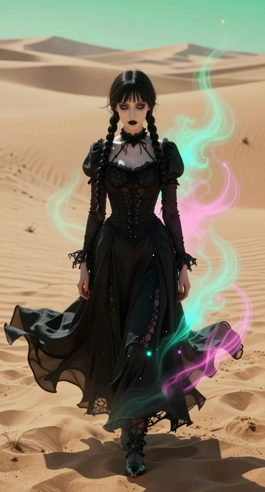 والپیپر ونزدی آدامز با لباس مشکی در بیابان با جلوه‌های نئونی آبی و صورتی