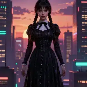 والپیپر انیمه‌ای ونزدی آدامز در شهر سایبرپانک با نورپردازی بنفش و نارنجی