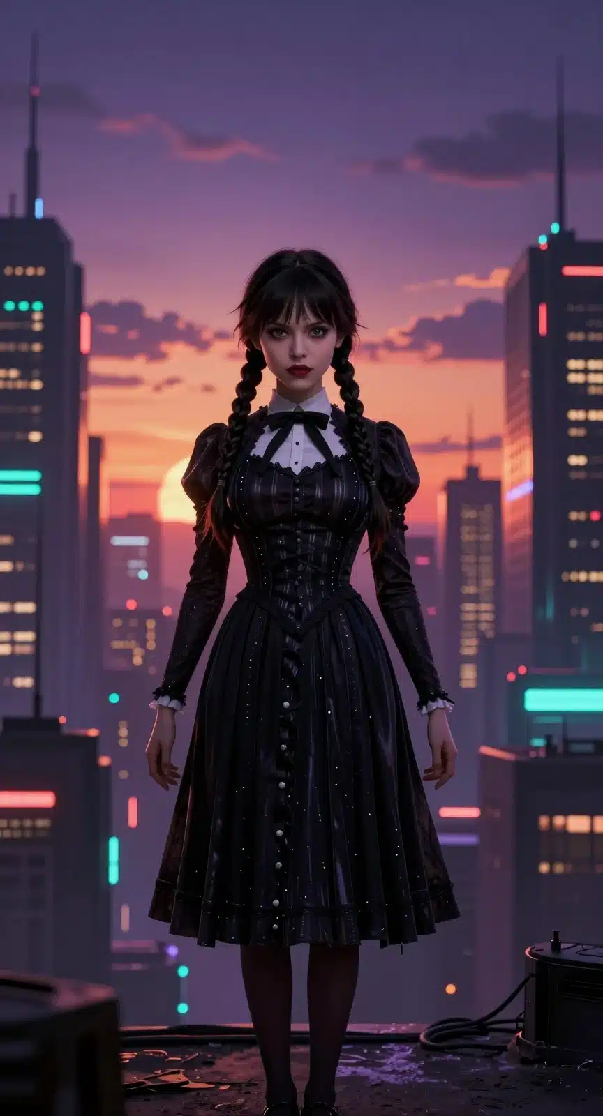 والپیپر انیمه‌ای ونزدی آدامز در شهر سایبرپانک با نورپردازی بنفش و نارنجی