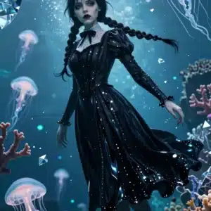 والپیپر انیمه‌ای ونزدی آدامز در محیط زیرآبی قطبی با نورپردازی آبی و نقره‌ای