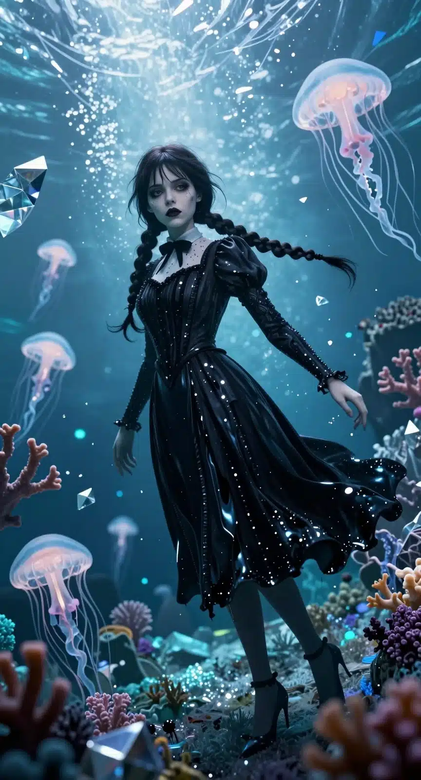 والپیپر انیمه‌ای ونزدی آدامز در محیط زیرآبی قطبی با نورپردازی آبی و نقره‌ای