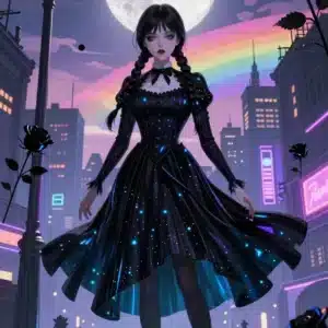 والپیپر انیمه ونزدی آدامز با کیفیت 8K در شب شهری رویایی با نورهای نئون