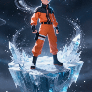 ناروتو در فضای بی‌کران با لباس نارنجی و مشکی، ایستاده بر روی تکه‌یخی شناور