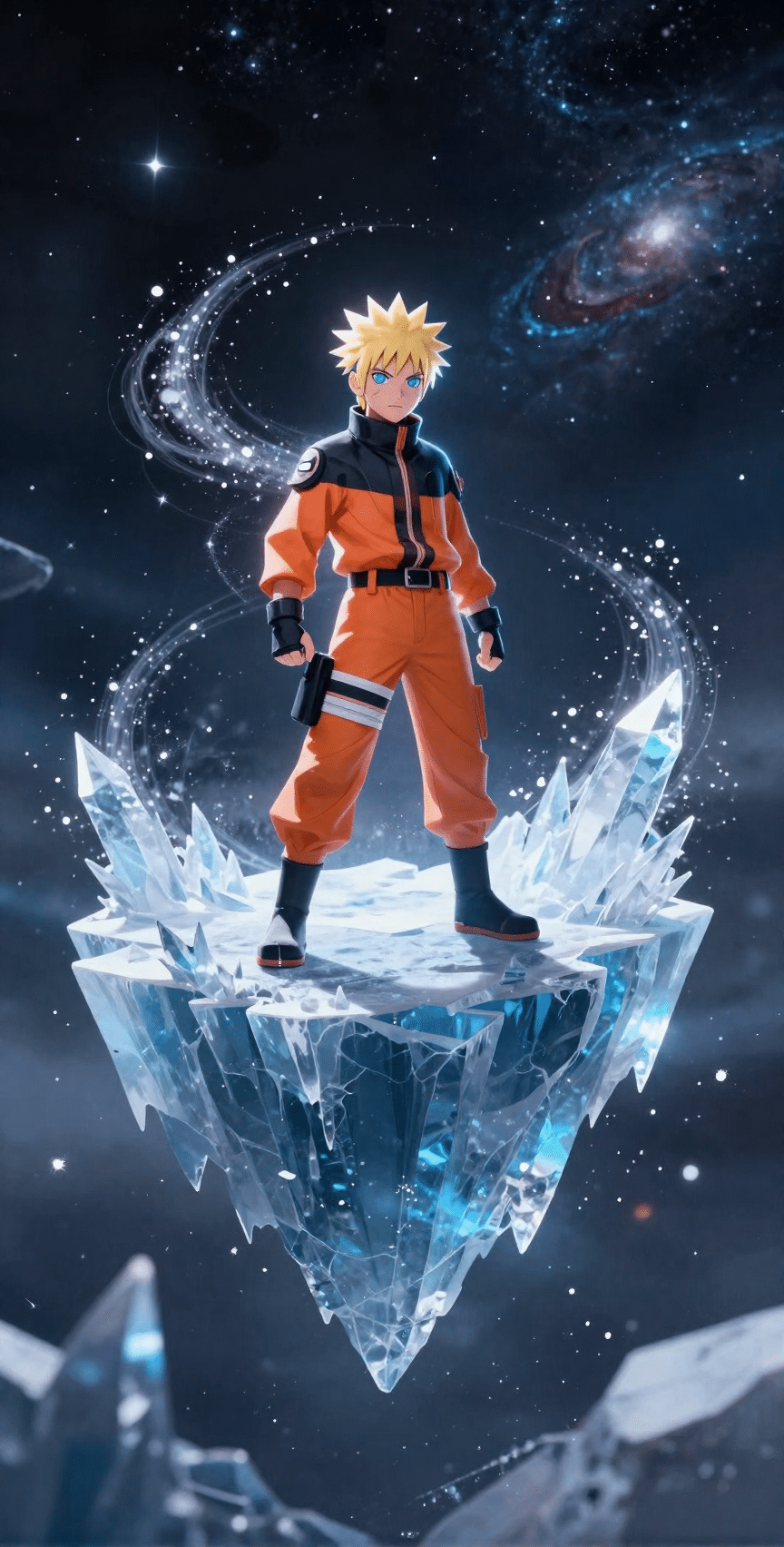 ناروتو در فضای بی‌کران با لباس نارنجی و مشکی، ایستاده بر روی تکه‌یخی شناور