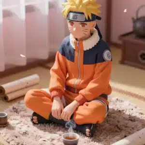 والپیپر ناروتو در محیطی آرام با نور طبیعی و برگ‌های گیلاس