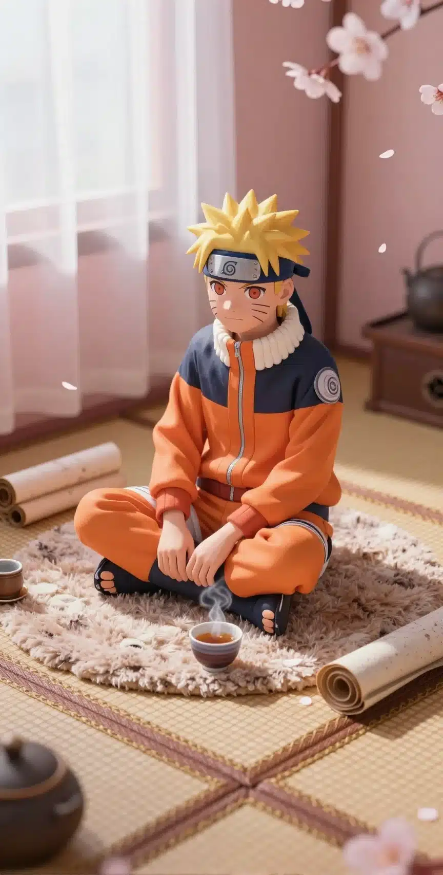 والپیپر ناروتو در محیطی آرام با نور طبیعی و برگ‌های گیلاس