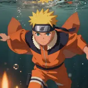 والپیپر ناروتو اوزوماکی در صحنه زیرآبی با نورهای نارنجی و طلایی