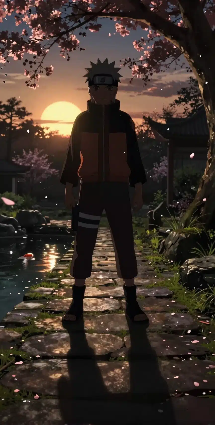 والپیپر ناروتو در باغ اسرارآمیز با نورپردازی دراماتیک و گل‌های گیلاس در حال پرواز