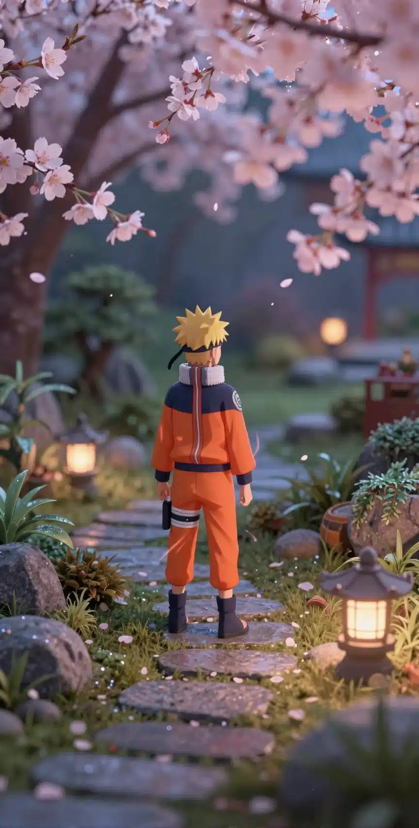 والپیپر ناروتو در یک باغ مینیاتوری با نور نئون و گل‌های گیلاس