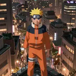 والپیپر ناروتو در شهری پرجنب‌وجوش با نورپردازی سینمایی و برگ‌های پاییزی