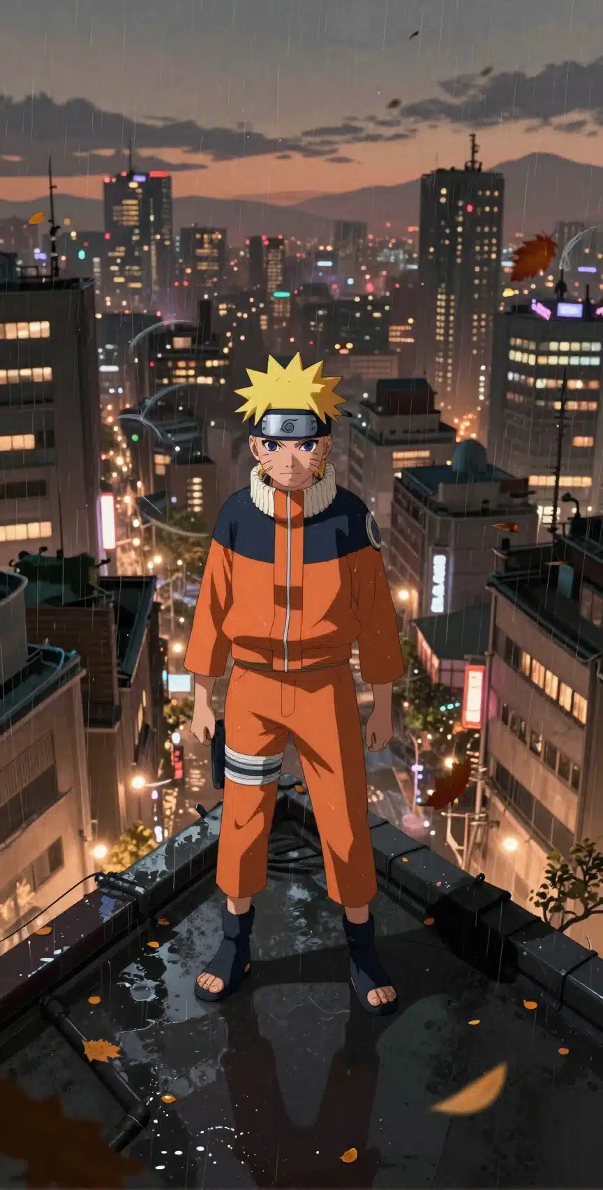 والپیپر ناروتو در شهری پرجنب‌وجوش با نورپردازی سینمایی و برگ‌های پاییزی