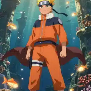 والپیپر ناروتو در دنیای زیر آب با نور طلایی غروب خورشید و ماهی‌های درخشان