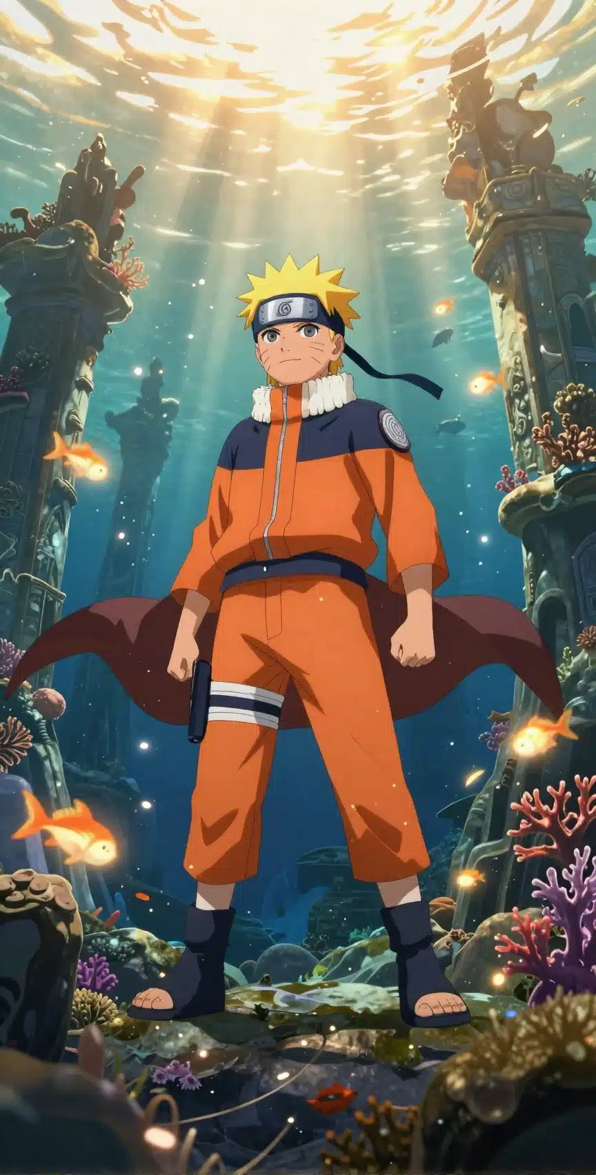 والپیپر ناروتو در دنیای زیر آب با نور طلایی غروب خورشید و ماهی‌های درخشان